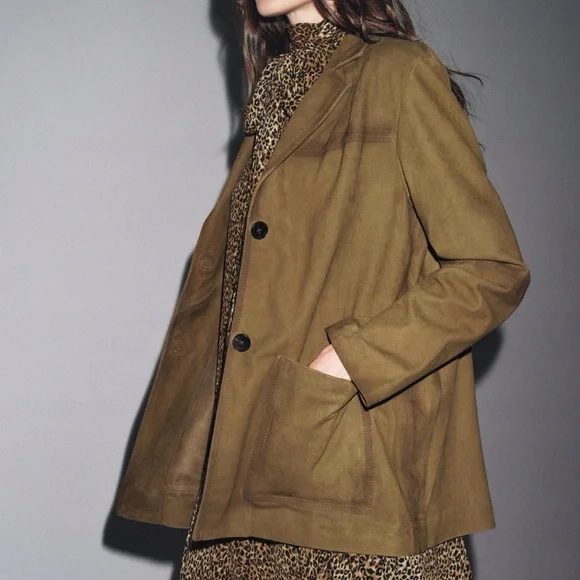 ZARA OVERSIZED BROWN TAN NATURAL LEATHER SUEDE BLAZER JACKET - Picture 2 of 9